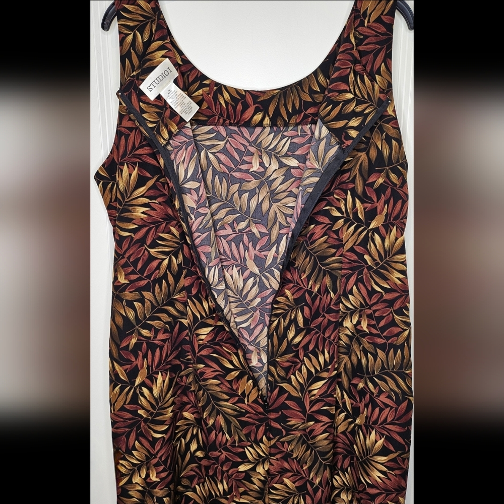 Studio I Dress Sleeveless Maxi 16W Autumn Leaf Print Sheath 54” Long Minimalist - Picture 5 of 7